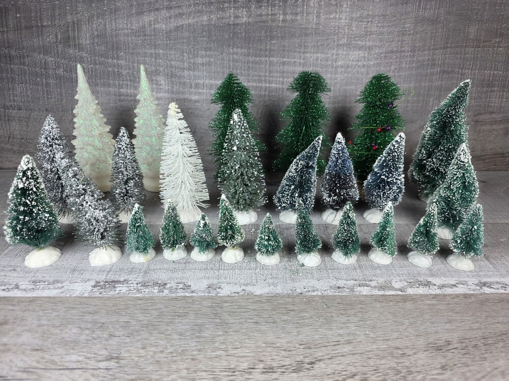 Mix Lot Of 26 White Flocked Evergreen Bottle Brush Trees Village Train b245